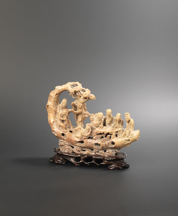 Bonhams : A soapstone carving of the Eight Immortals on a raft Late ...
