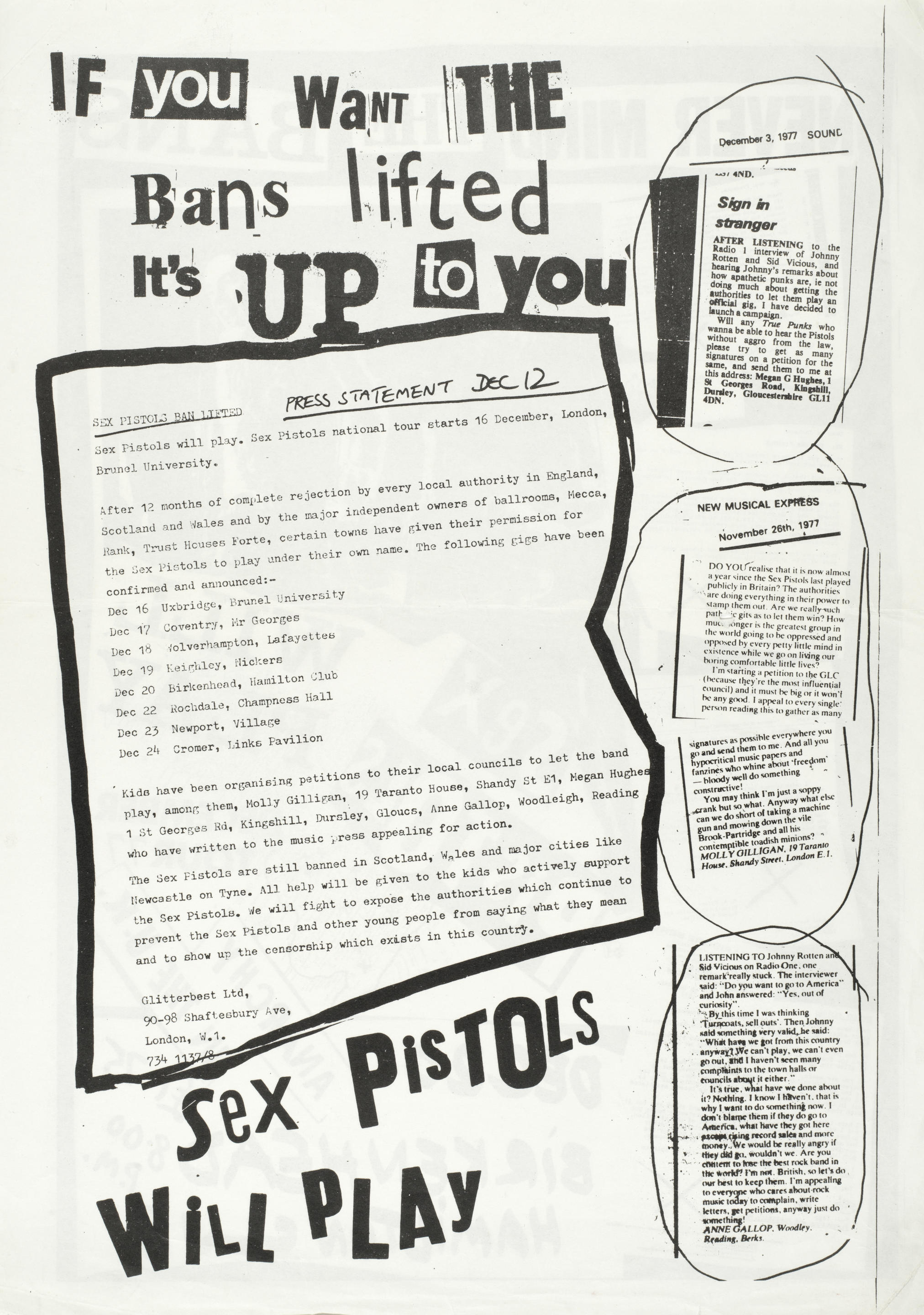 Bonhams : Sex Pistols A Birkenhead Hamilton Club/Never Mind The Bans  poster, 20th December 1976,