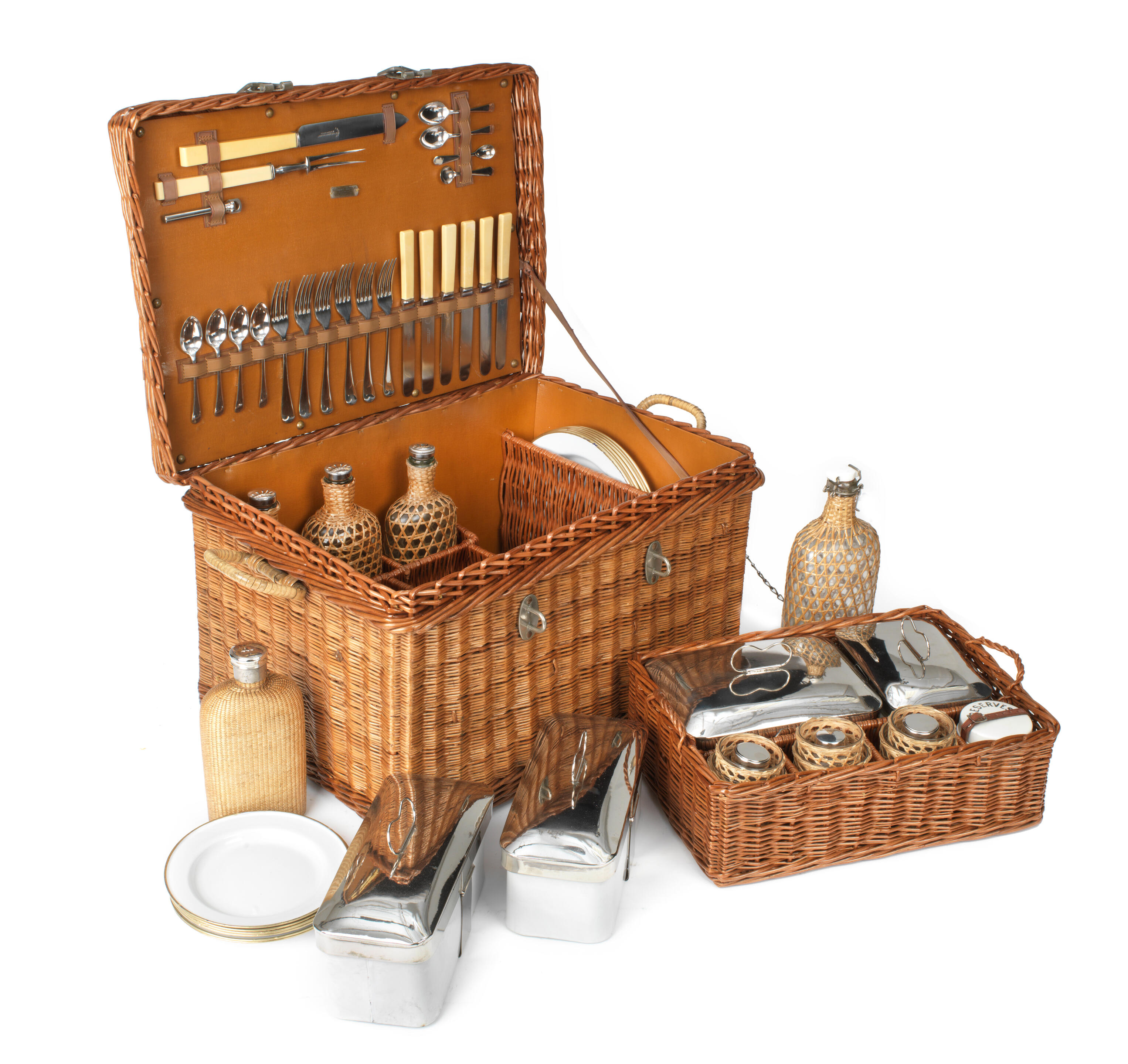 FORTNUM & MASON WITH OTHER PICNIC BASKETS, two handled log basket and a