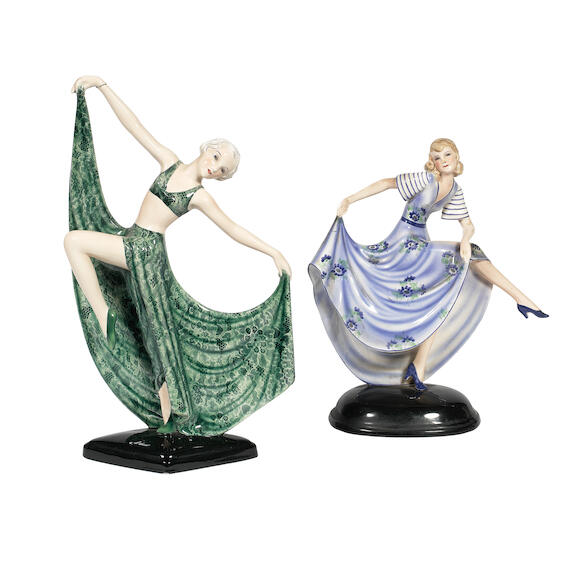 Bonhams Two Goldscheider art deco ceramic dancing girl Figurines