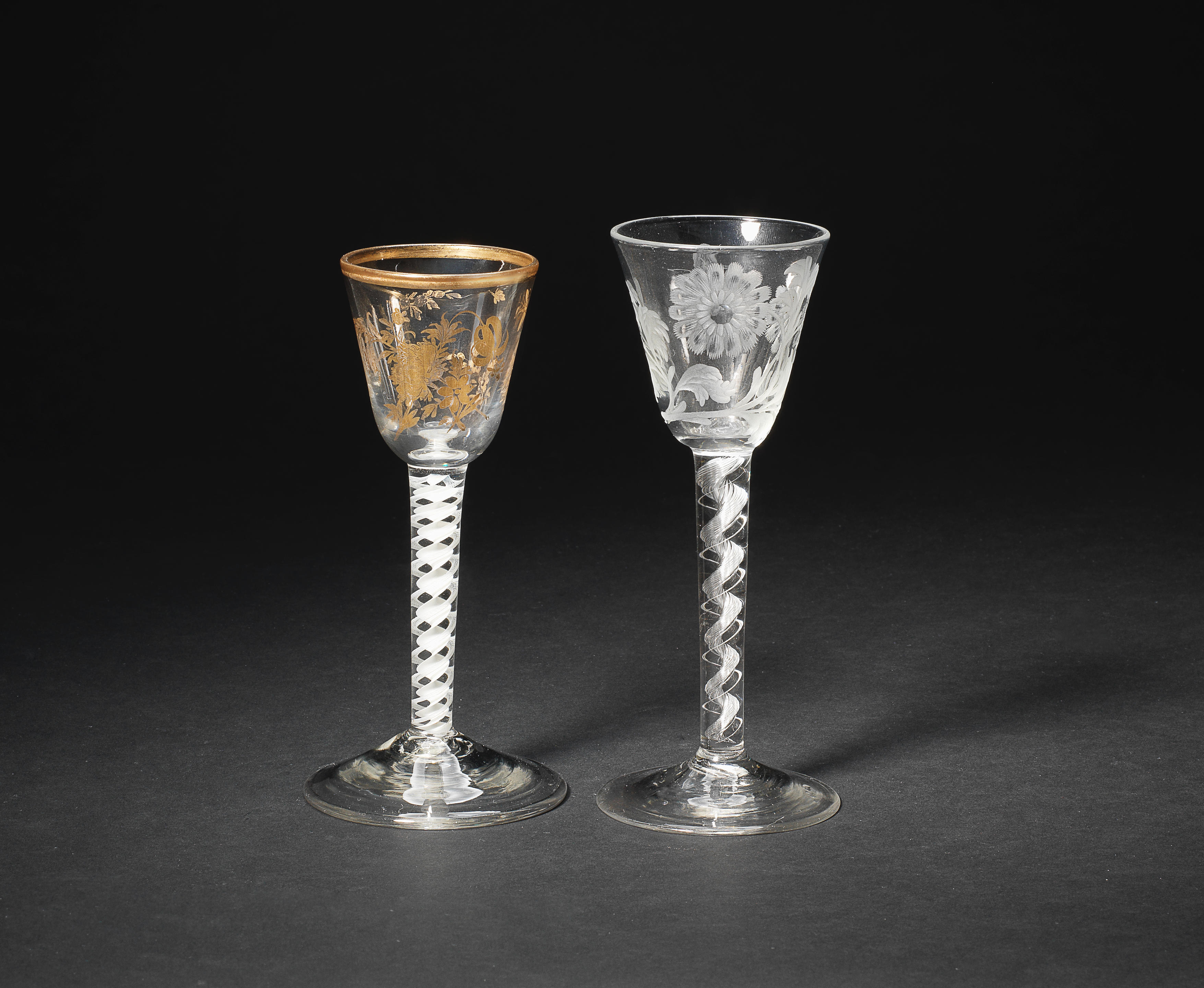 Bonhams A Giles Decorated Opaque Twist Wine Glass And An Engraved Airtwist Wine Circa 1760 70 2843