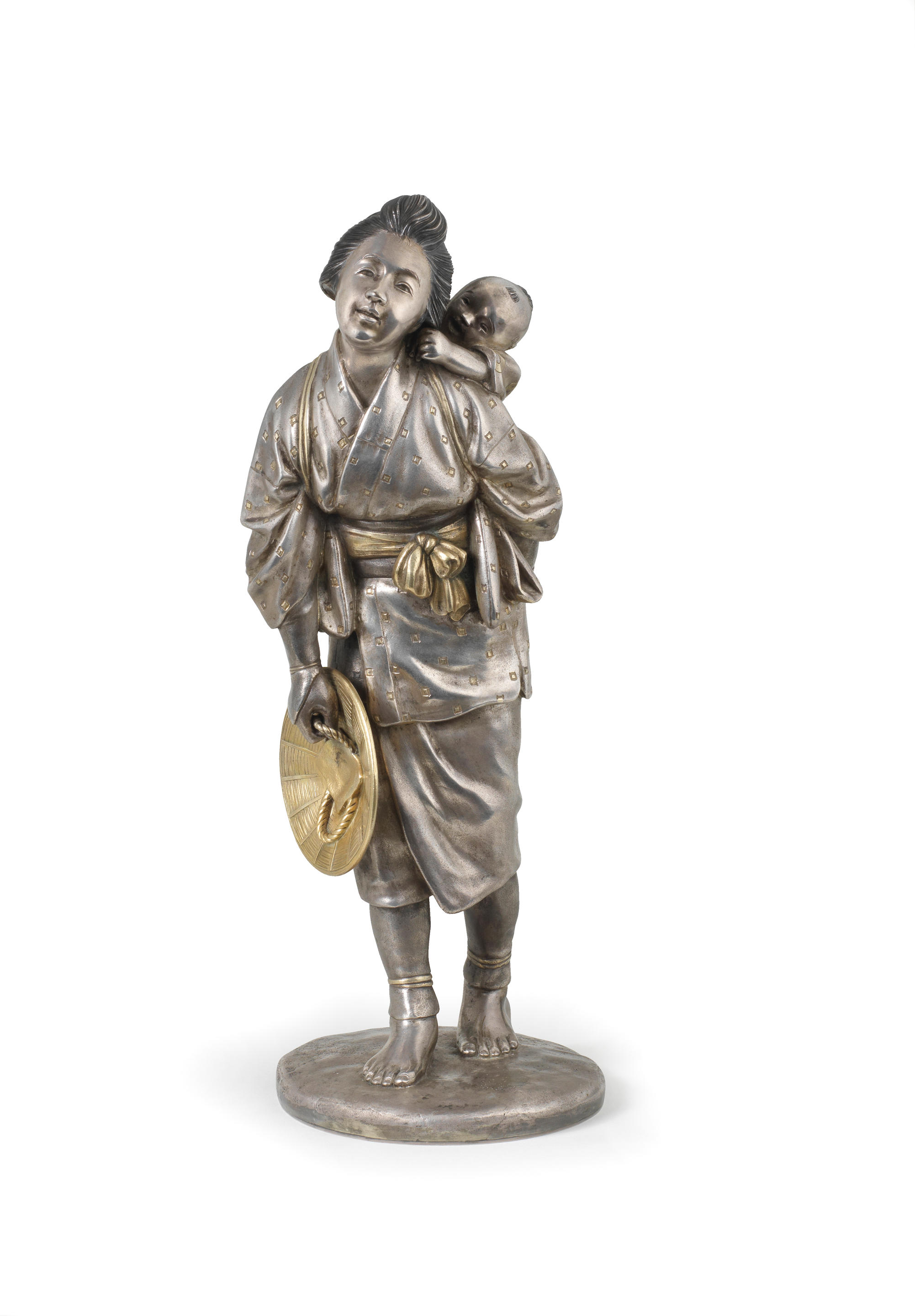 A silvered-bronze figure of mother and child
