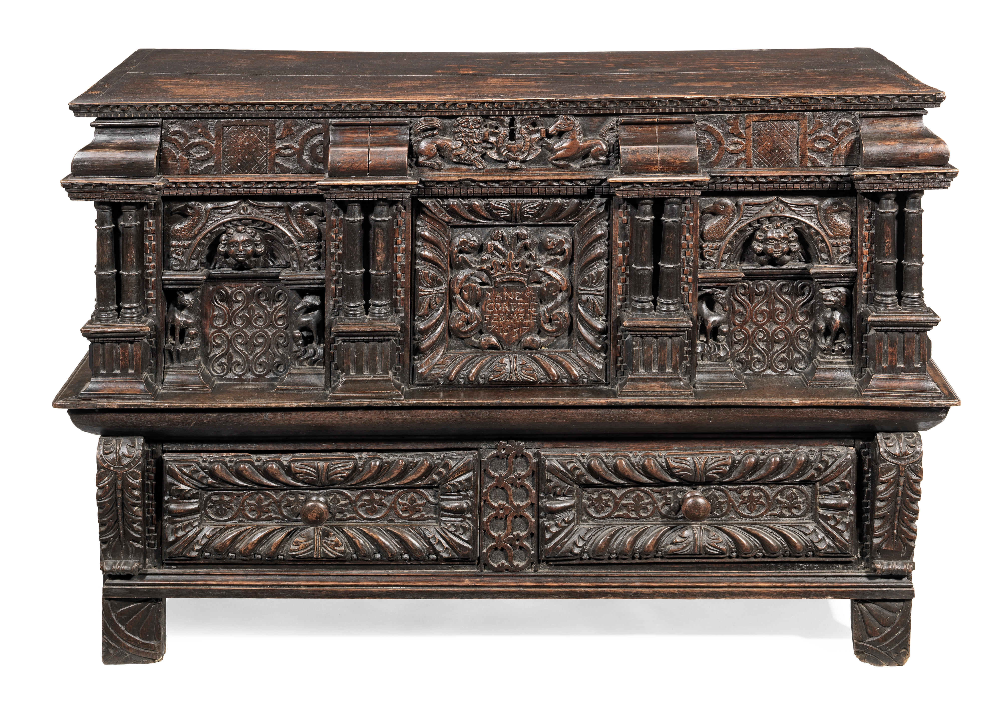 An outstanding 17th century joined oak coffer with drawers, named and dated...