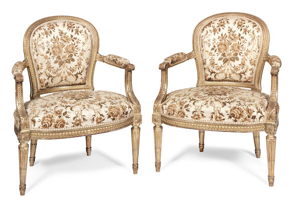 Bonhams : A pair of French late 19th century carved giltwood fauteuils ...