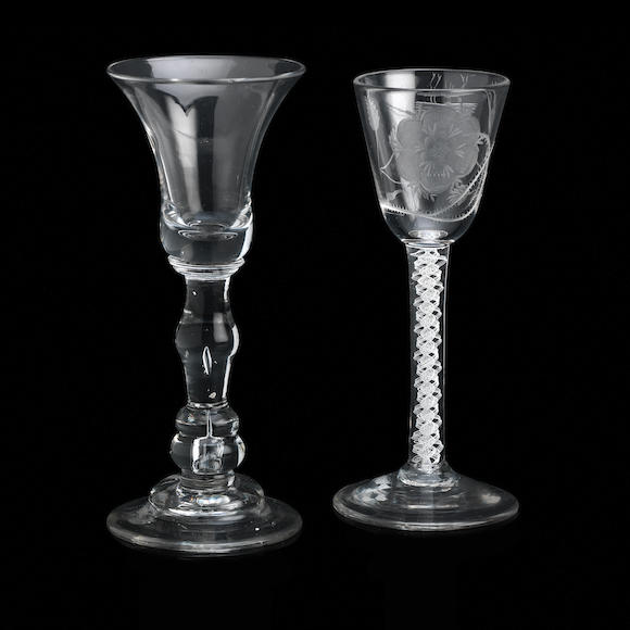 Bonhams A Baluster Wine Glass And A Jacobite Opaque Twist Wine Glass Circa 1710 20 And 1760 3516