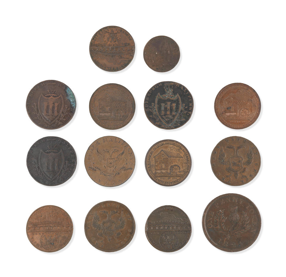 Bonhams : Fourteen 18th century/ early 19th century copper trade tokens