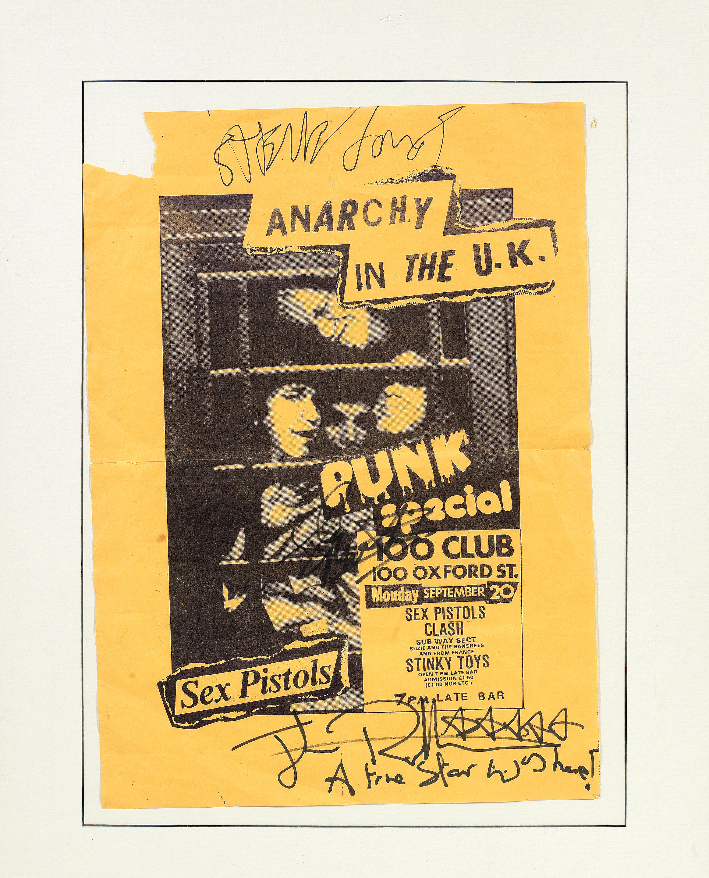 Bonhams Sex Pistols A Rare Signed Flyer For Anarchy In The Uk At The 100 Club Punk Special