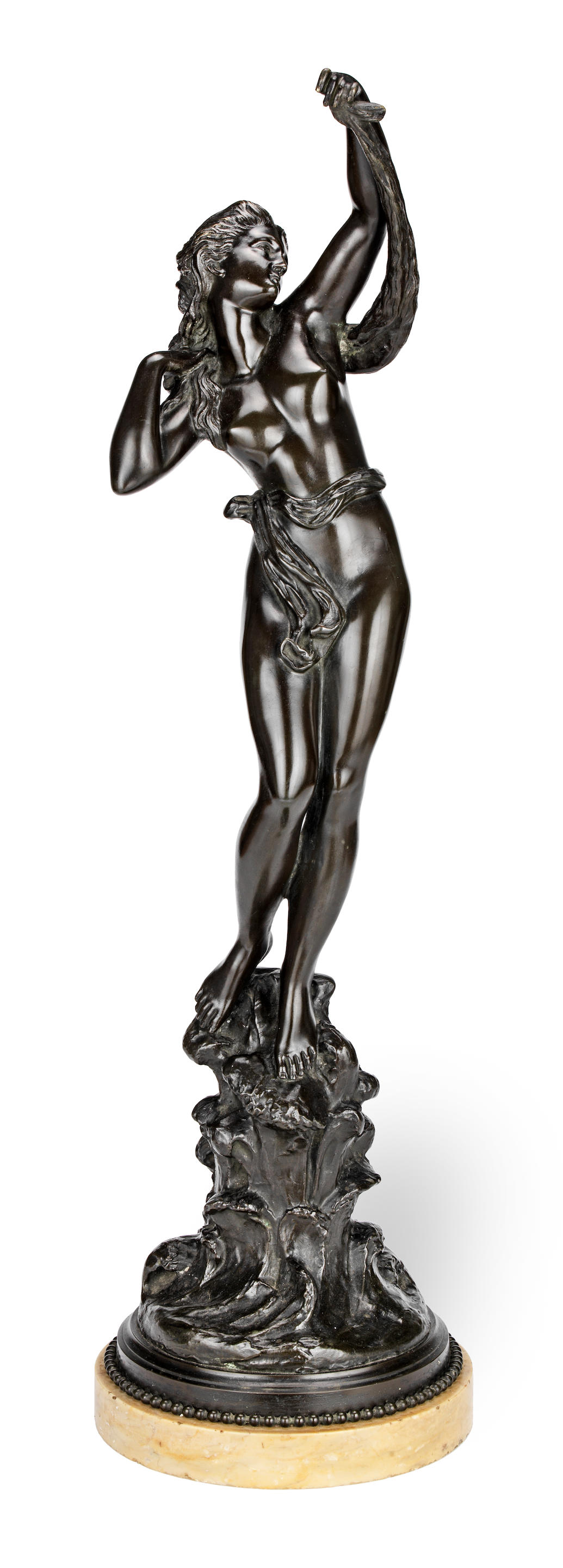 Bonhams : A late 19th French patinated bronze figure of a stylised nude maiden, possibly Venus