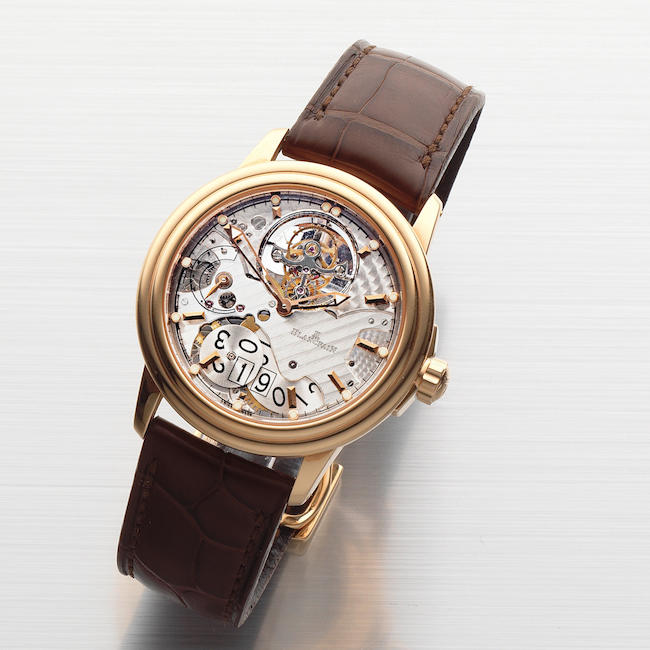 Blancpain. A very fine and rare 18K rose gold automatic semi-skeletonised tourbillon calendar wristwatch with 8 day power reserve Léman, Edition No.10/50, Recent