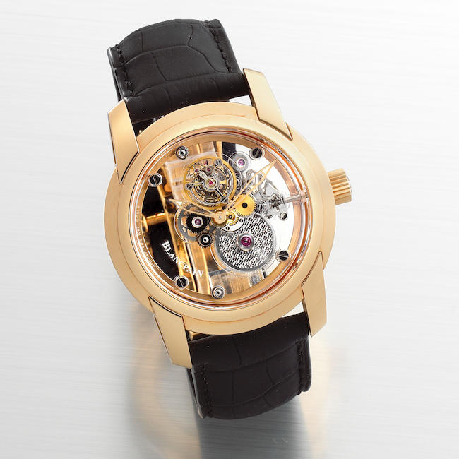 Blancpain. A very fine and rare 18K rose gold manual wind carrousel wristwatch with sapphire movement plates L-Evolution Carrousel Saphir Volant Une Minute, Edition No.31/50, Ref: 0222-3600-53B, Circa 2010
