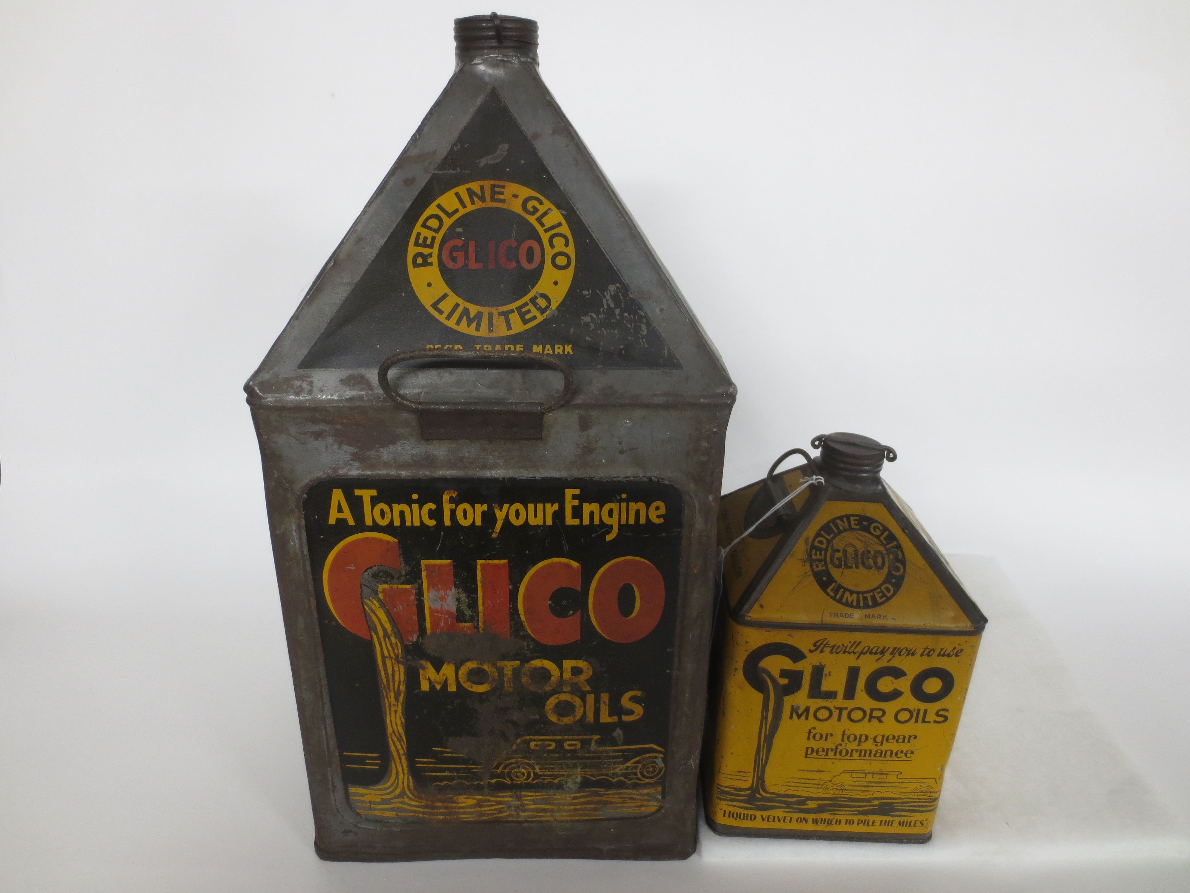 Bonhams Cars Two RedlineGlico Motor Oil cans, 1930s, ((2))