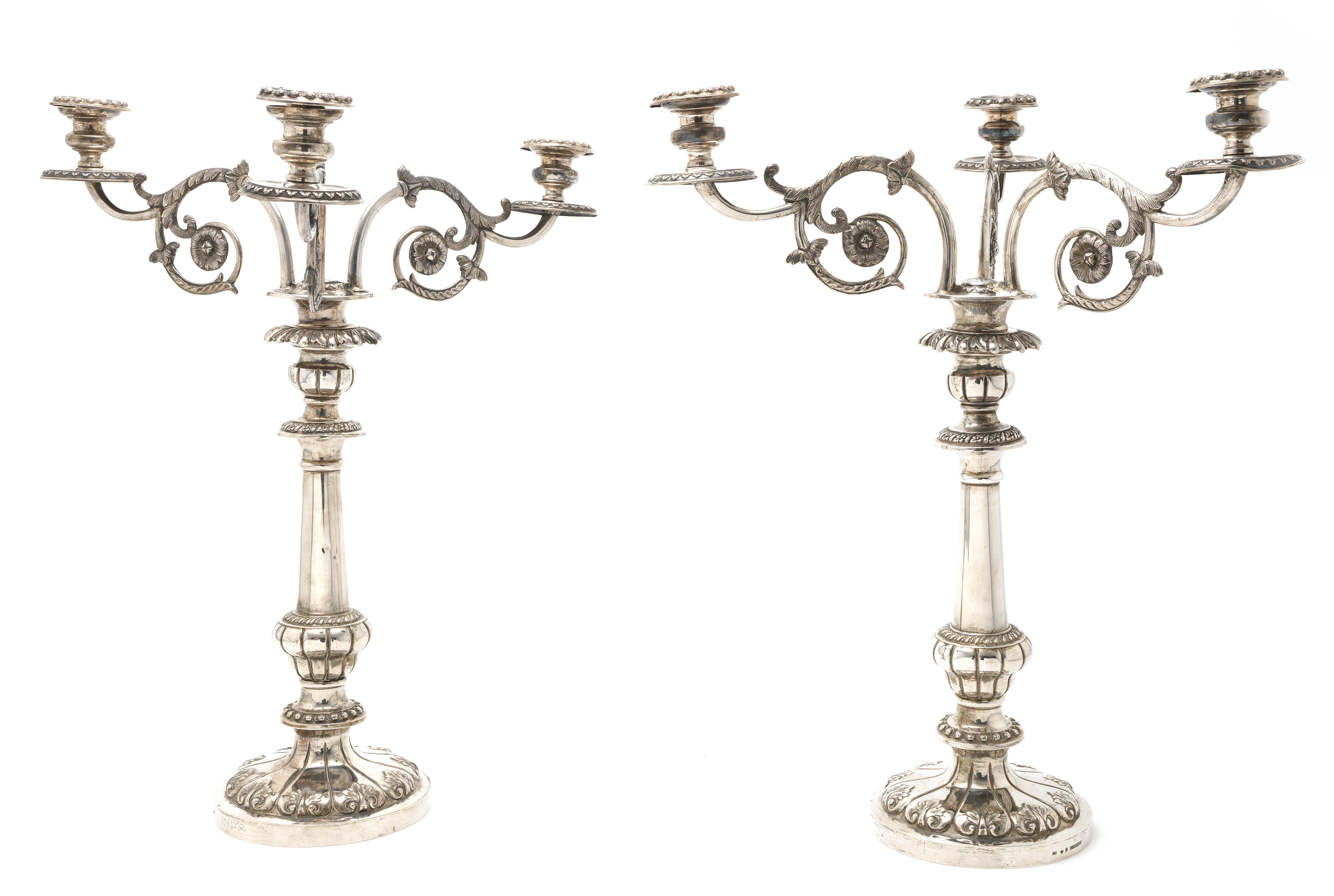 A pair of 19th century Swedish silver three-light candelabra