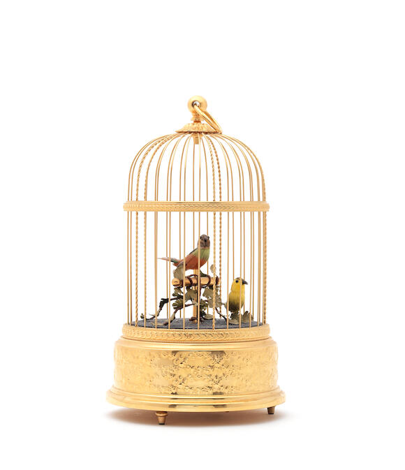 Bonhams A Swiss gilt brass mechanical bird cage music box (2)