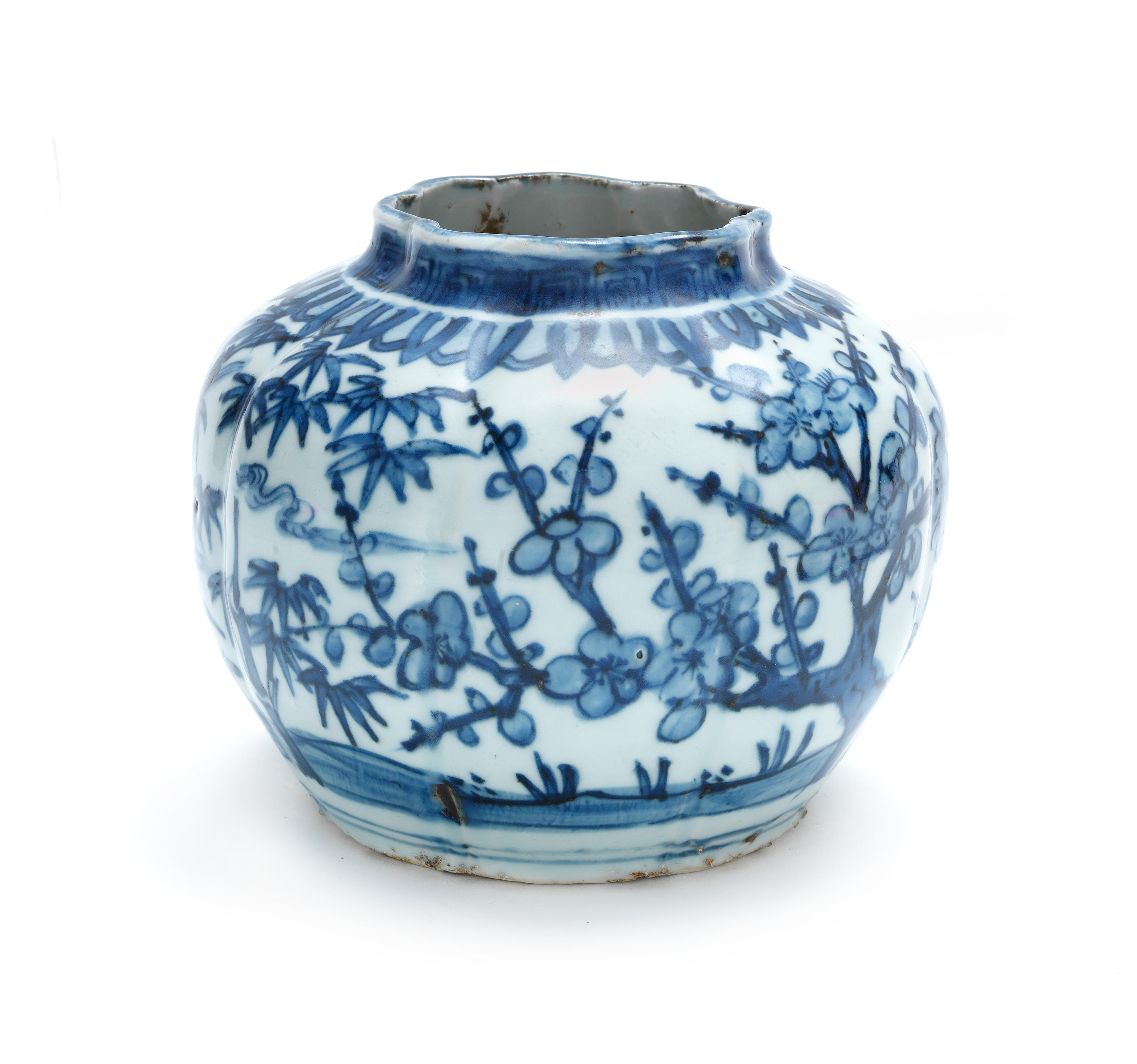 A small blue and white 'three friends of winter' lobed jar