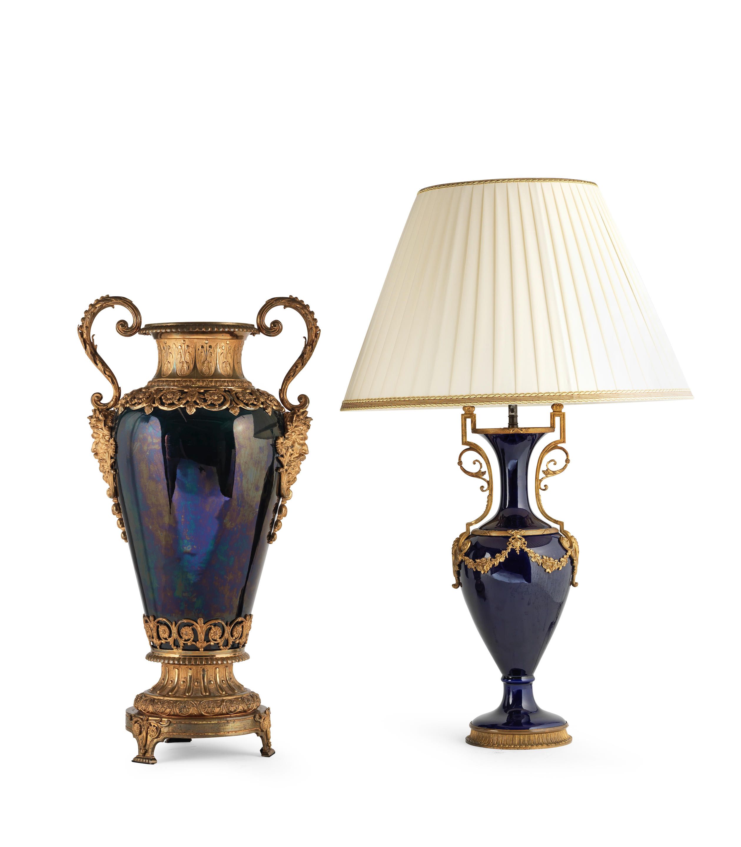 A blue porcelain and gilt metal mounted lampbase together with a porcelain...