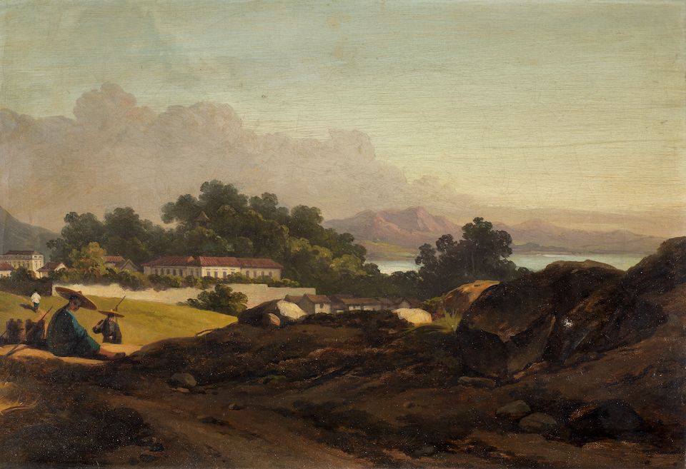 George Chinnery RHA (Tipperary 1774-1852 Macau) A view of Macau looking towards the gardens of the Casa, with figures in the foreground,