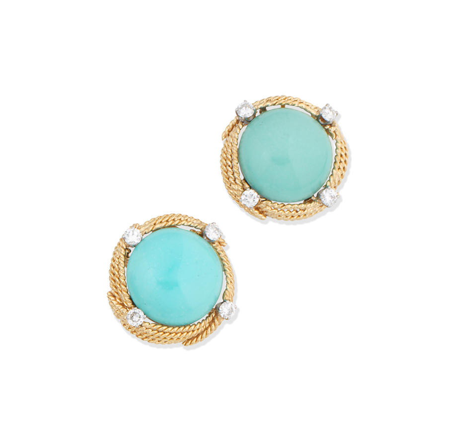 A pair of turquoise and diamond earrings,
