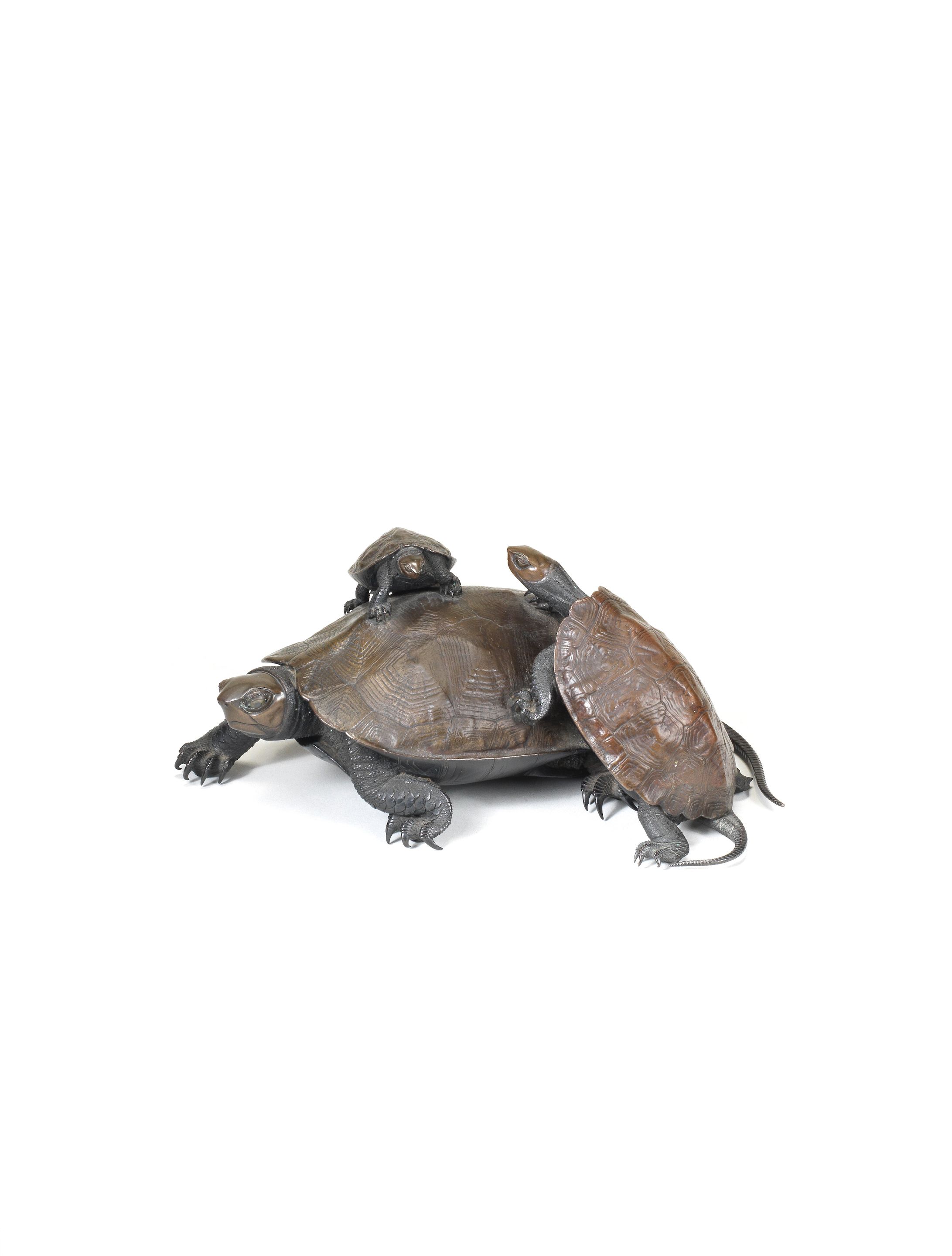 Bonhams : A bronze okimono group of three turtles By Okazaki Sessei ...