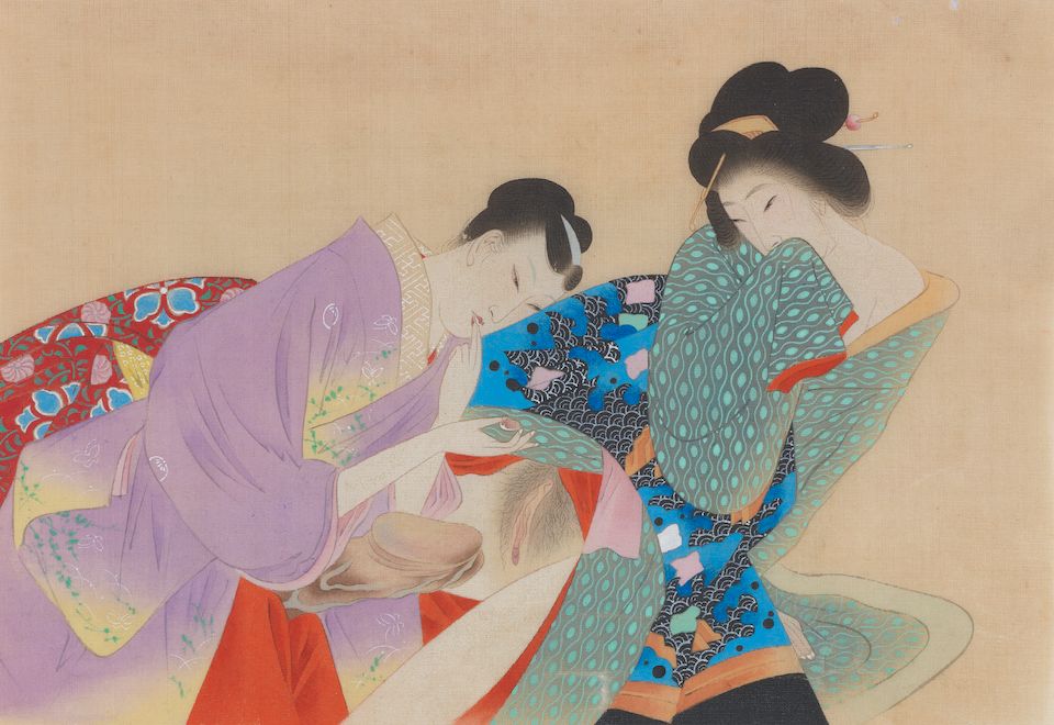 Bonhams An album of twelve Shunga paintings Taisho or Showa period