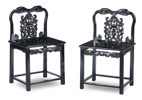 Bonhams : A pair of ebonised hardwood side chairs 19th century (2)