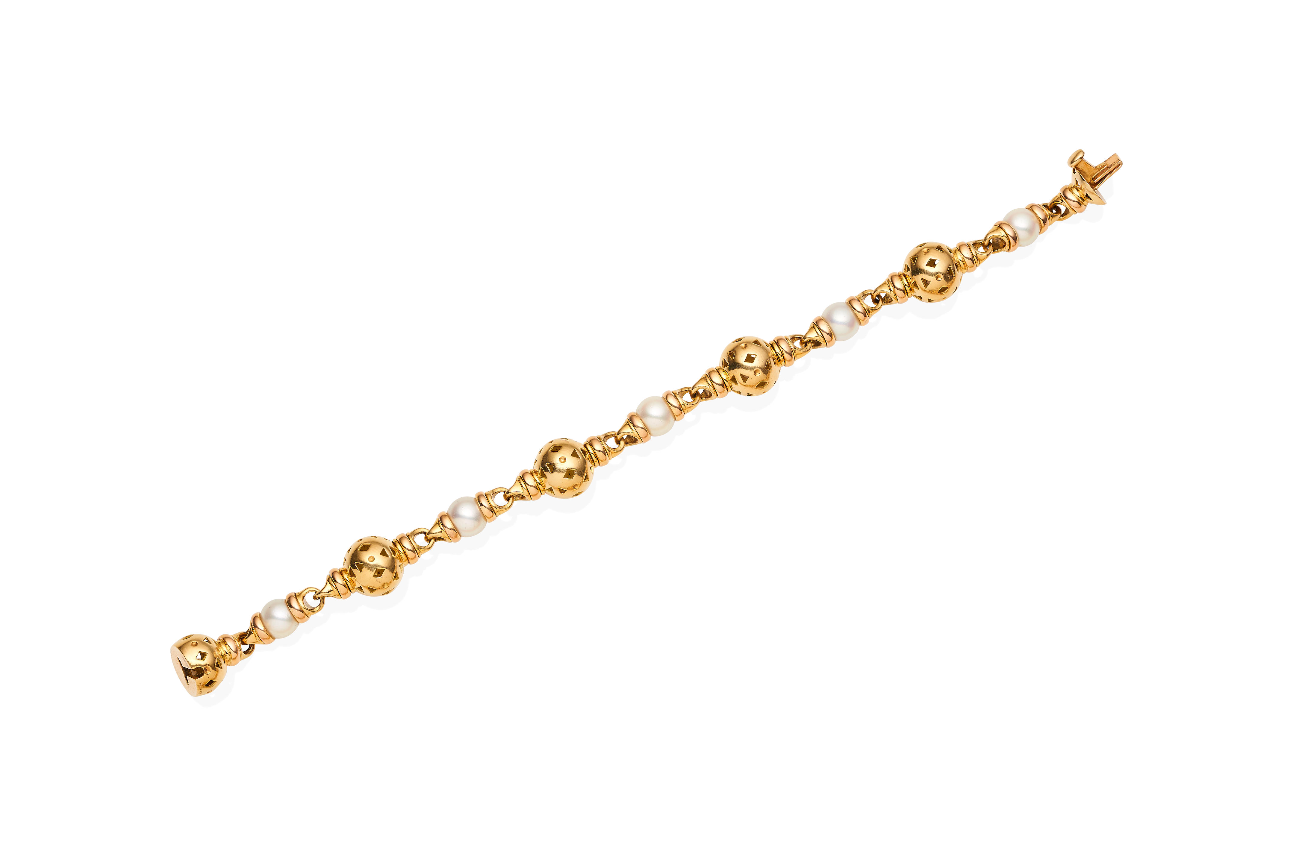 Bonhams : A bi-coloured gold and cultured pearl bracelet, by Bulgari