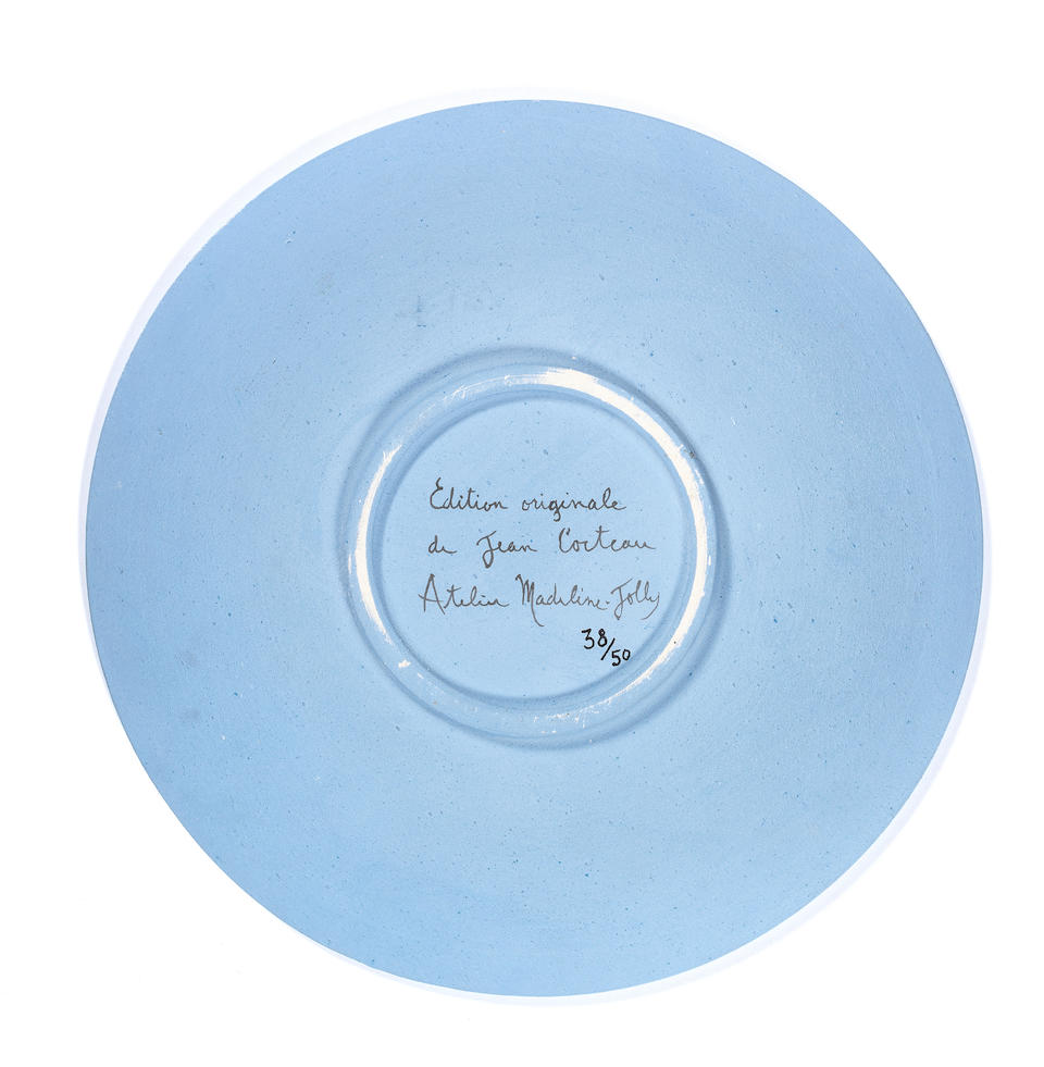 Bonhams Jean Cocteau 18 1963 Petit Faune Joyeux Sur Bleu Signed Jean Cocteau Marked And Numbered Edition Originale De Jean Cocteau Atelier Madeline Jolly 38 50 Underneath Partially Glazed White Earthenware Plate With Coloured