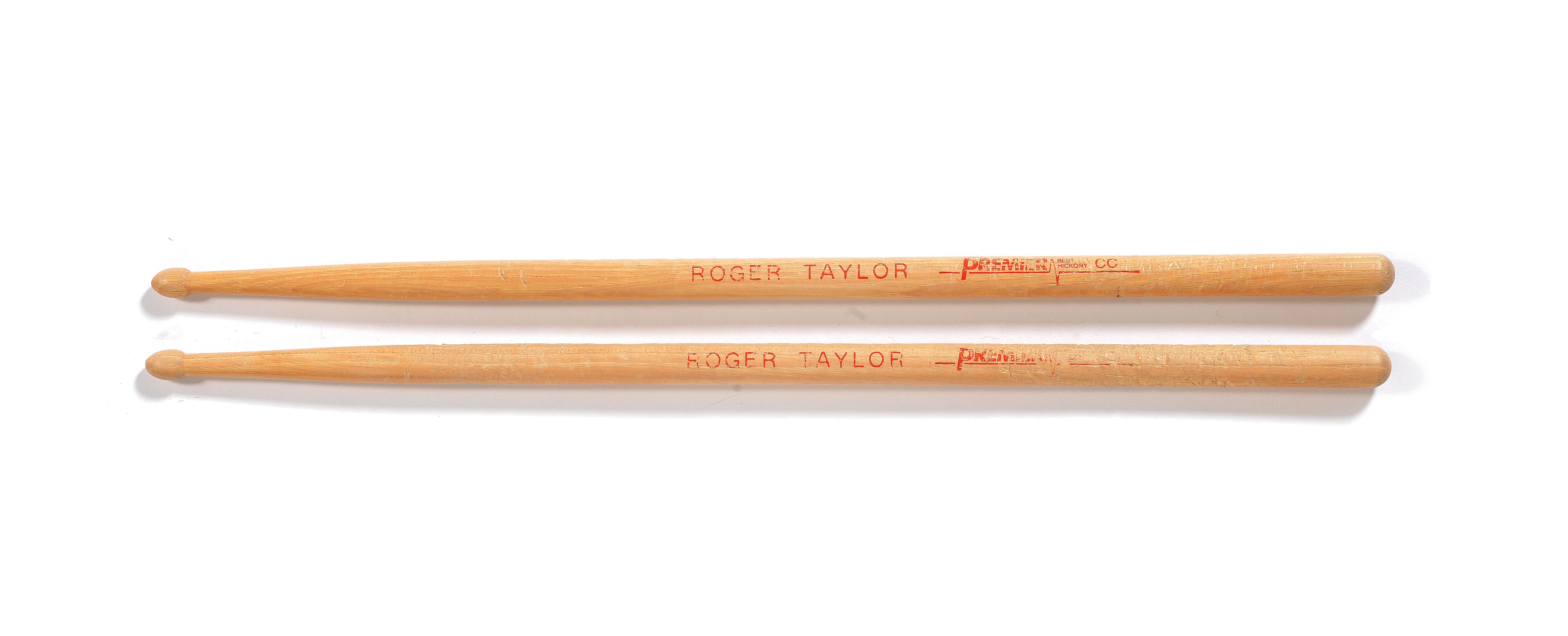 Bonhams Queen A pair of drumsticks used by Roger Taylor in the