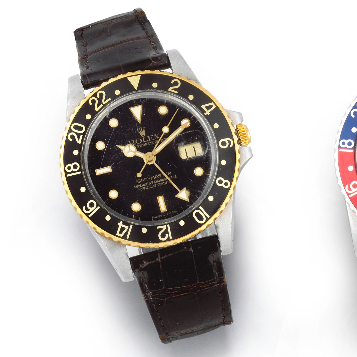 Rolex Rolex. A stainless steel and gold automatic calendar bracelet watch with dual time zone GMT Master, Ref: 16753, Circa 1987 · 16753