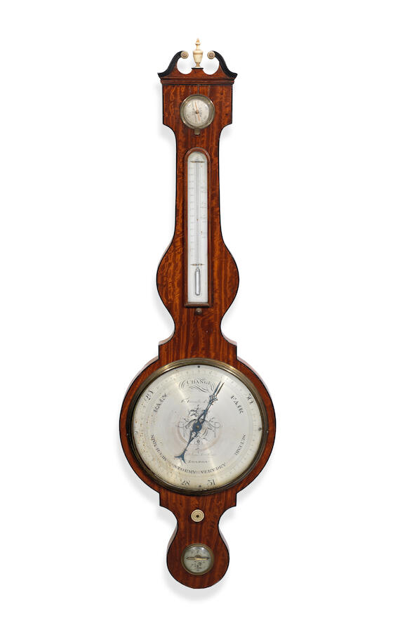 Bonhams A F. Amadio mahogany banjo barometer, English, mid 19 century,