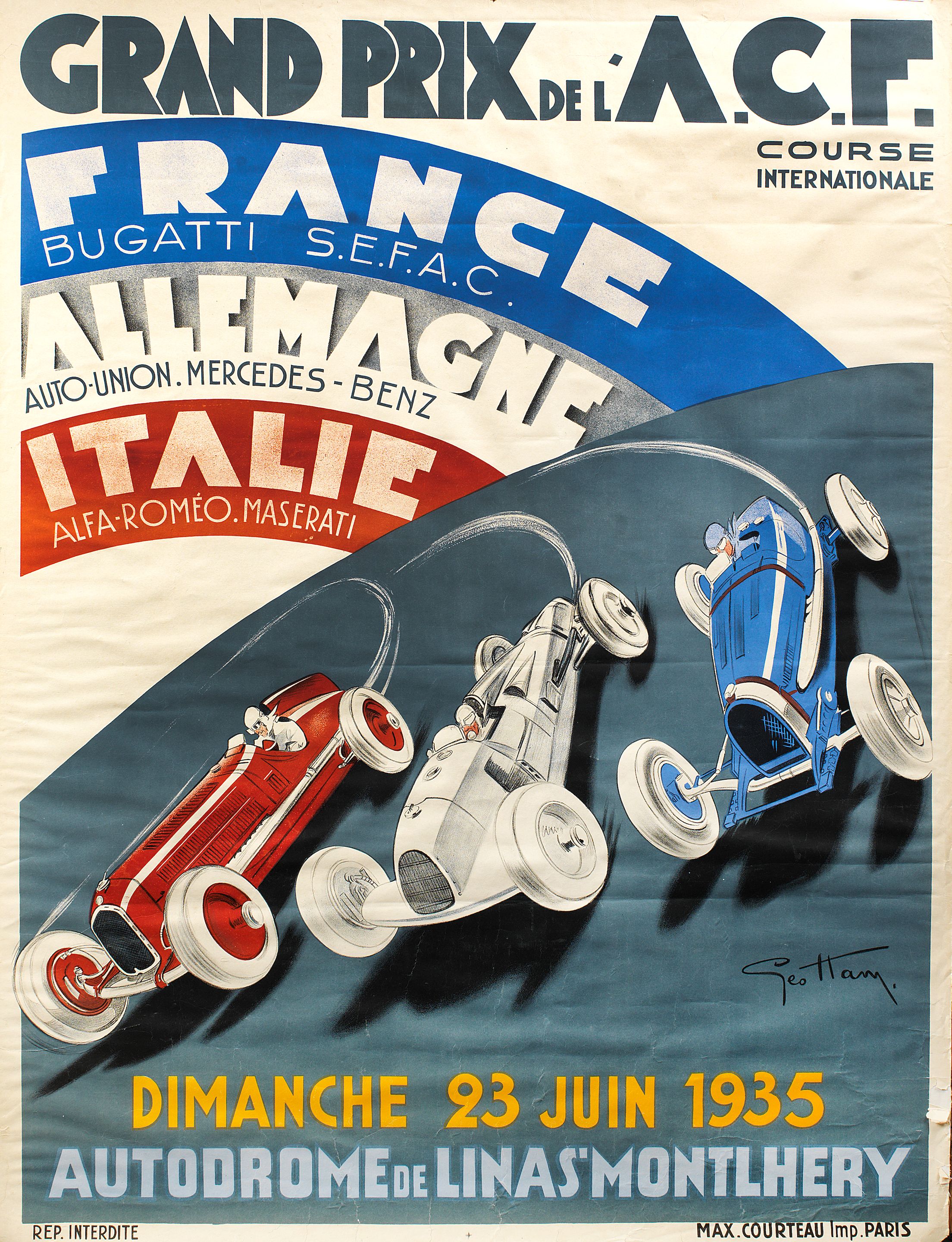 Bonhams Affiche Publicitaire Pour Le Grand Prix De L Acf 1935 D Apres Geo Ham