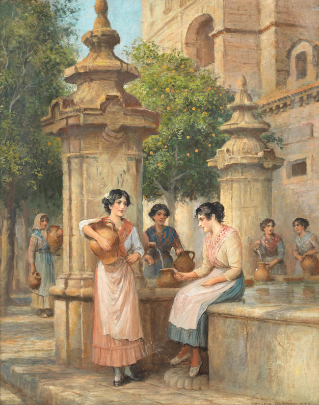 Arthur Trevor Haddon(British, 1864-1941)Venetian flower and fruit market; Meeting at the fountain; a pair each 51 x 41cm (20 1/16 x 16 1/8in).(2)