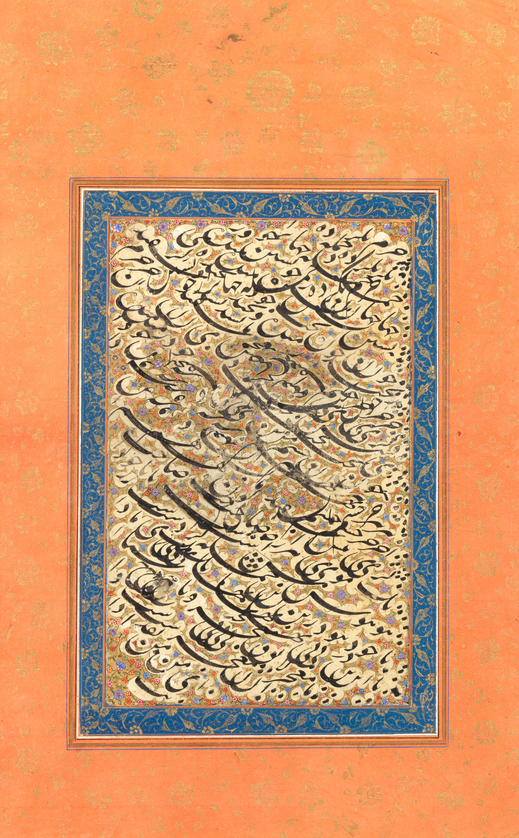 An album page of calligraphic practice writing (siyah mashq) in profuse...