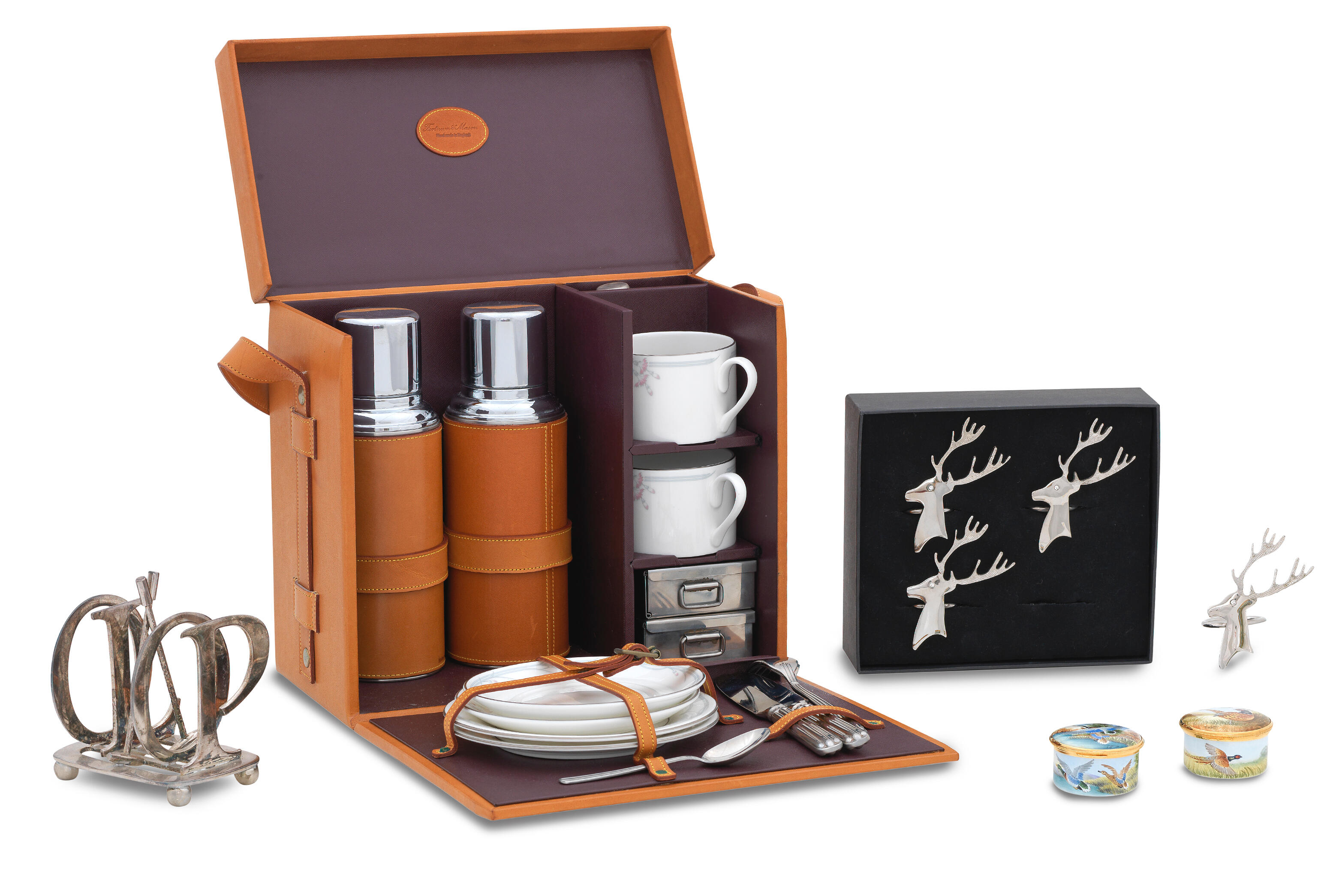 FORTNUM & MASON WITH OTHER PICNIC BASKETS, two handled log basket and a