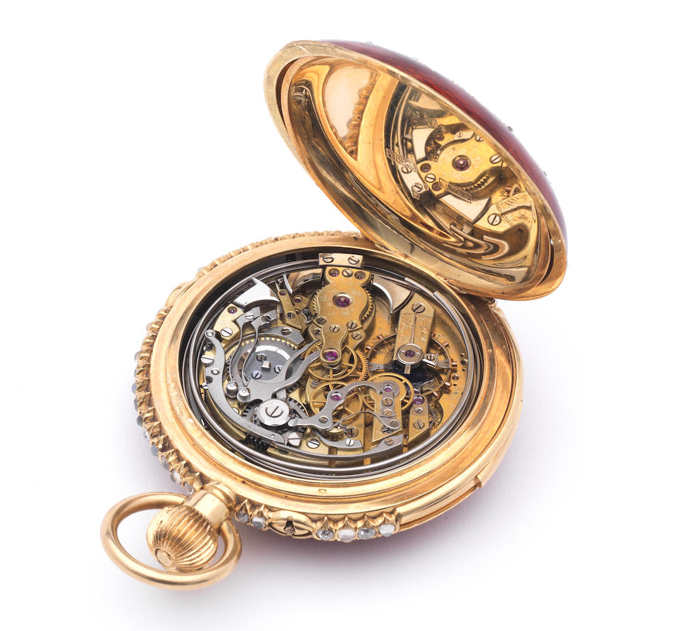 Bonhams : A fine gem-set and enamelled gold minute repeater pocket ...