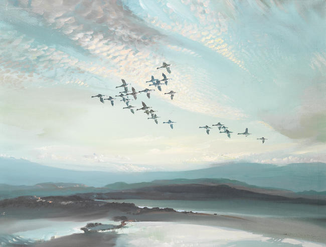Vernon Ward(British, 1905-1985)Geese in flight at sunset