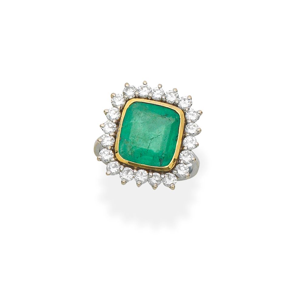 Emerald and diamond cluster ring