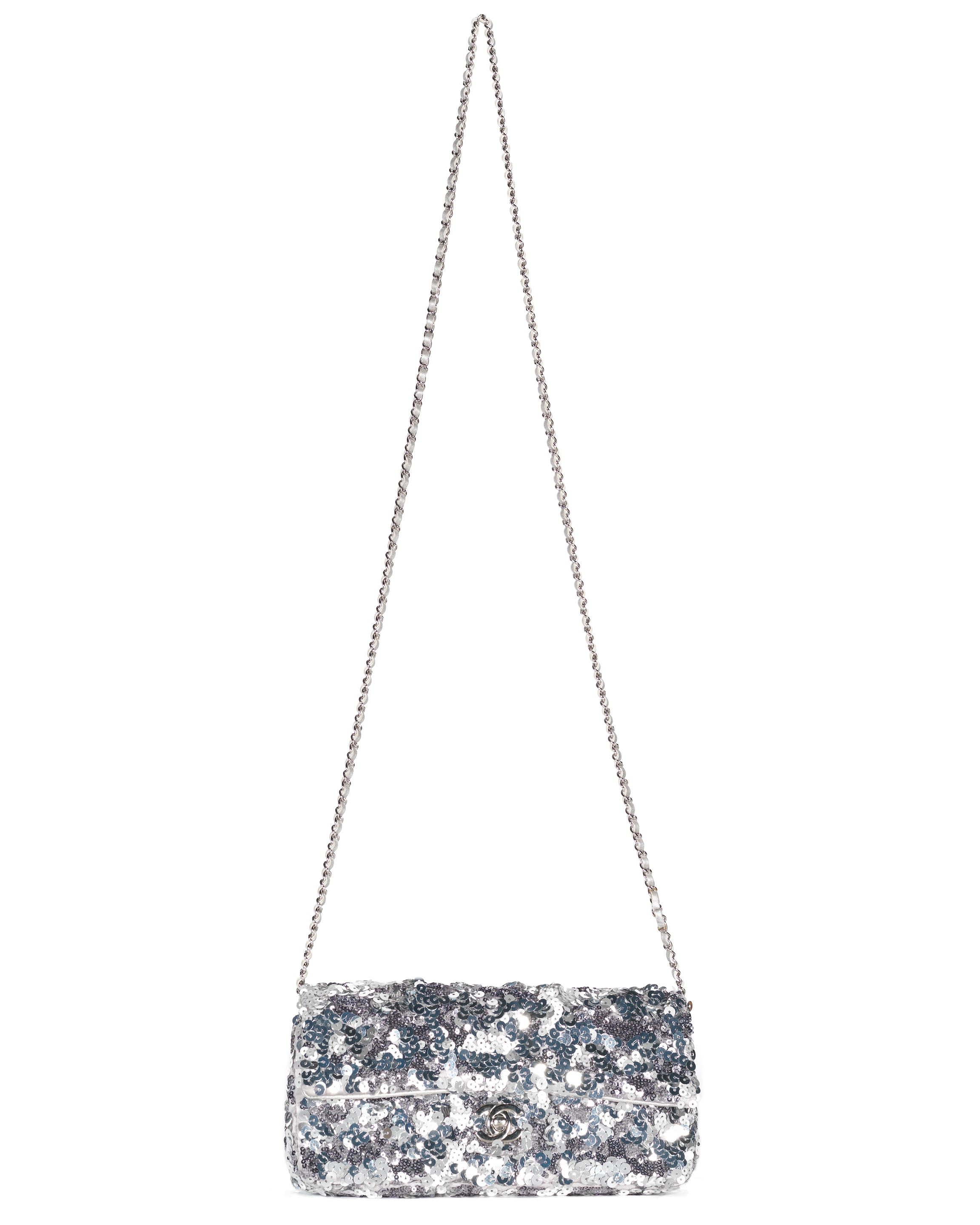 Silver Sequin East West Flap Bag, Chanel, c. 2015, (Includes serial  sticker, dust bag and box) - Bonhams