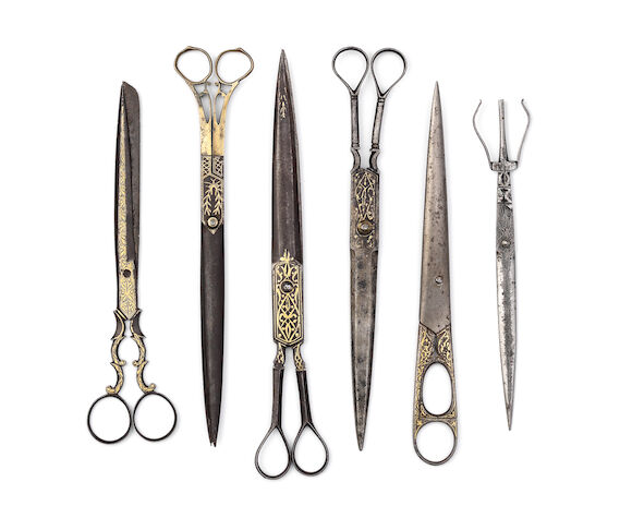 Bonhams : Six pairs of Ottoman gold and silver-damascened steel ...