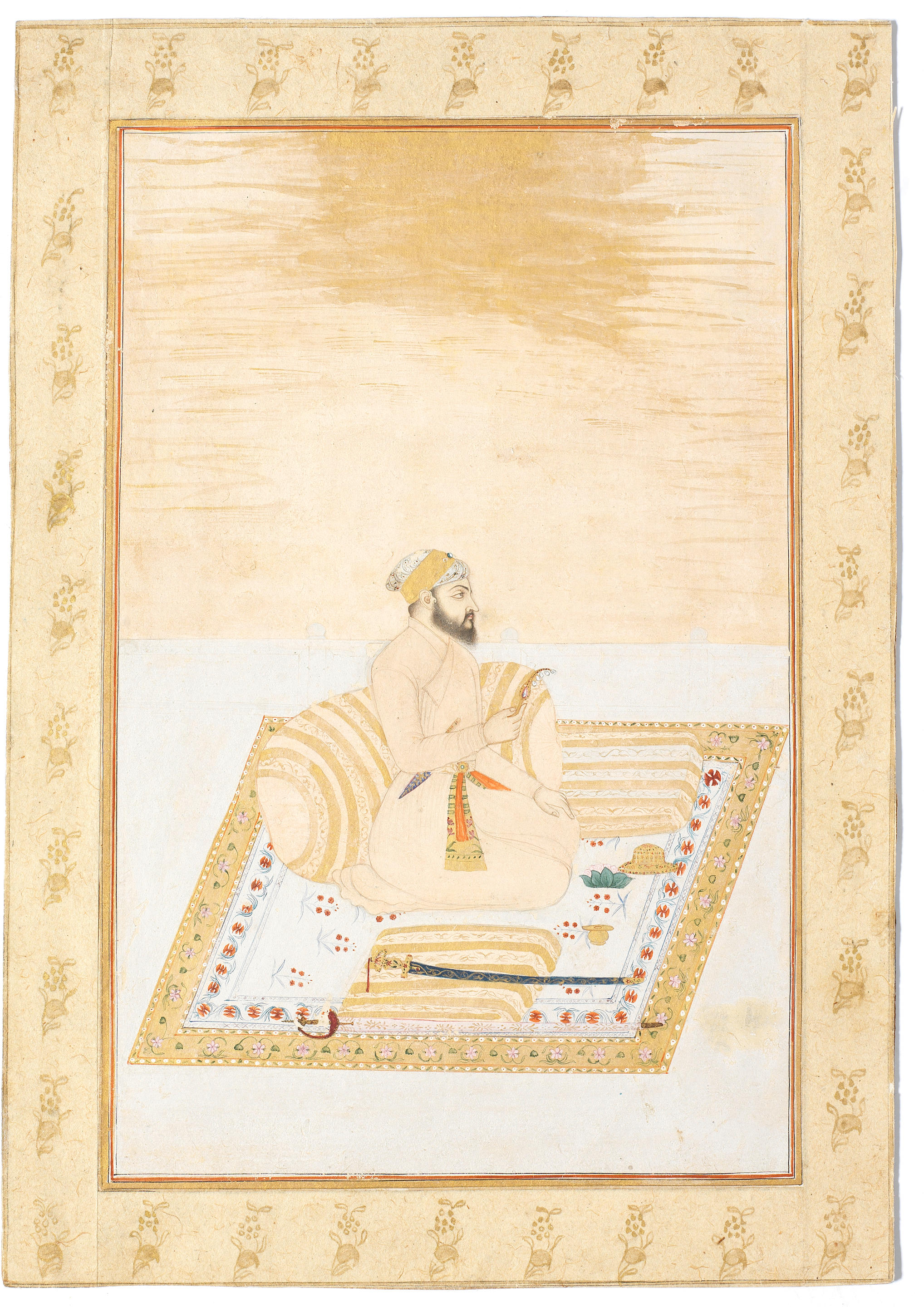 Bonhams A Mughal Prince Seated On A Terrace Holding A Sarpech His Tulwar Lying On A Cushion