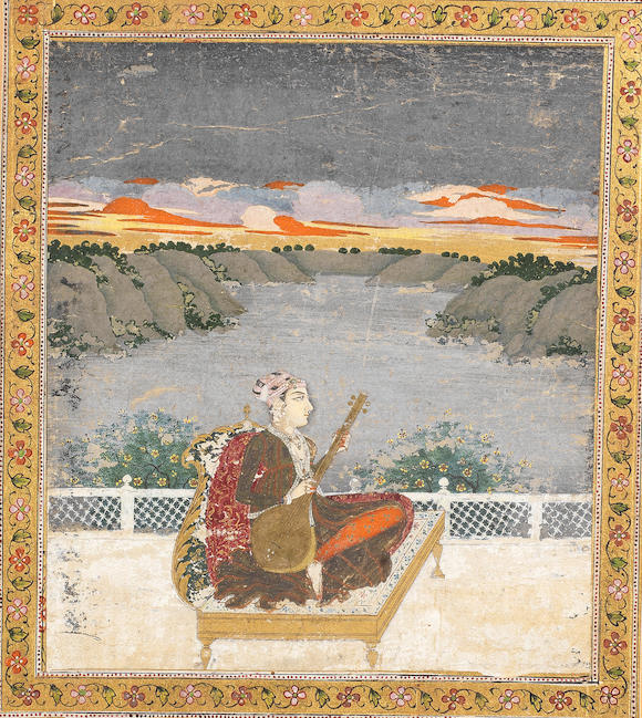 Bonhams A Nobleman Seated On A Riverside Terrace Playing A Musical Instrument Oudh 18th Century