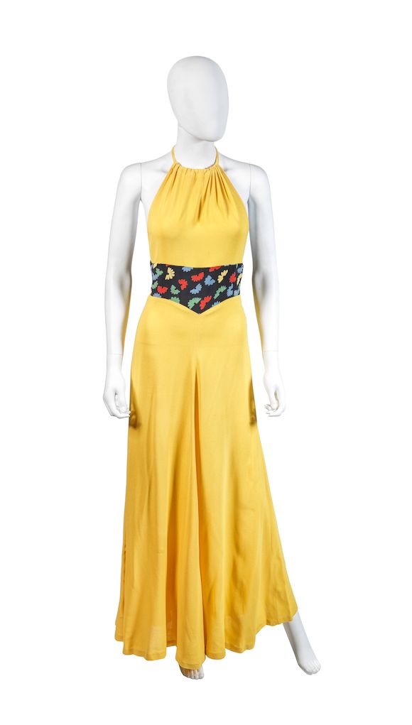 Bonhams : Ossie Clark and Celia Birtwell for Radley Canary Yellow Moss  Crepe Halter-Neck Dress, 1970s