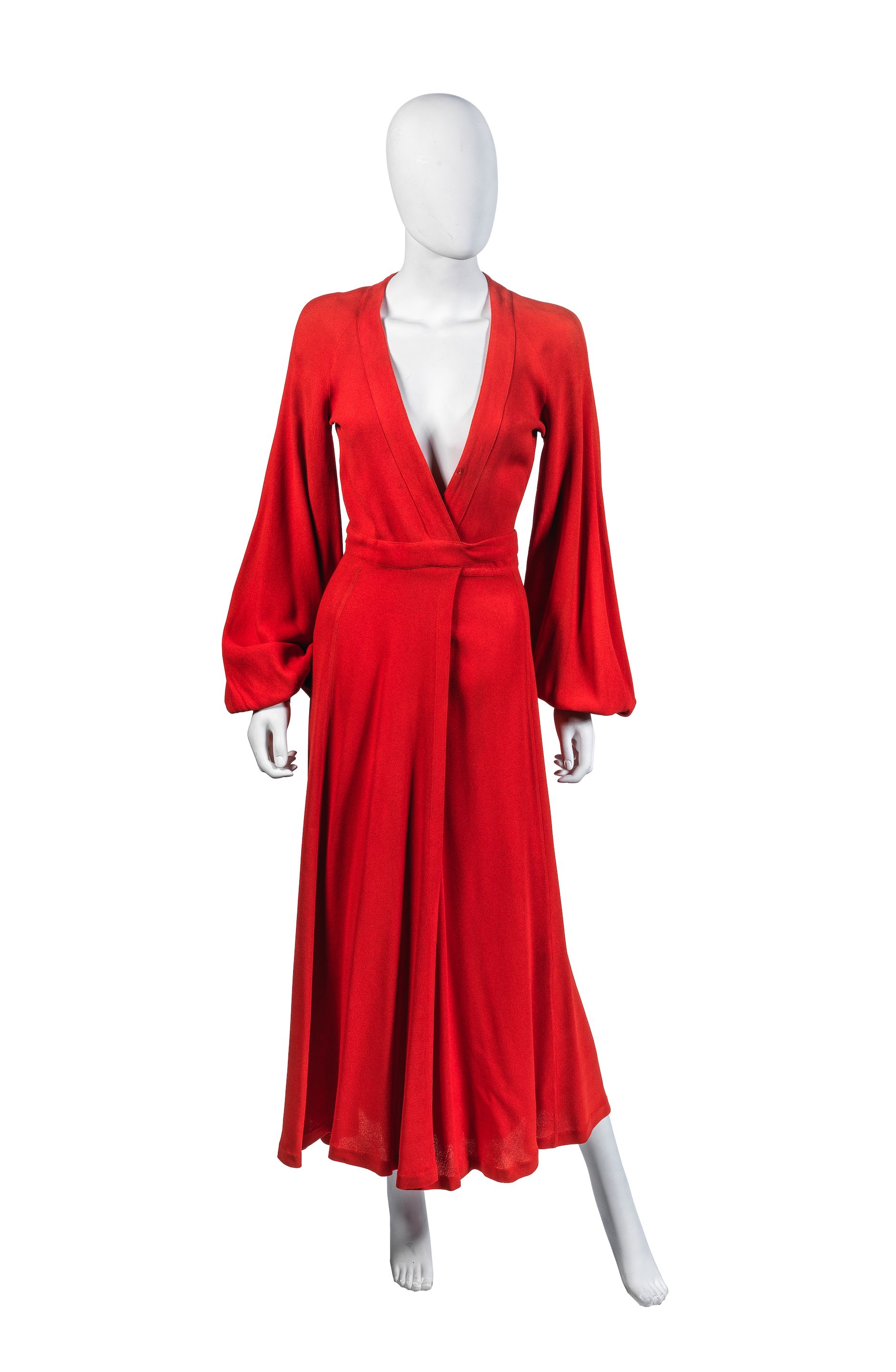 Amazing 1970 Ossie Clark 'Graduation' Deep Front Plunge Maxi Dress in a Red Moss Crepe