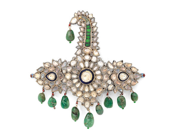 Jigha Bonhams : A gem-set enamelled gold turban ornament (jigha) North India ...