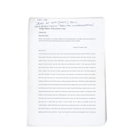 Bonhams Ginger Baker A 3rd draft manuscript of Hellraiser, 2008,