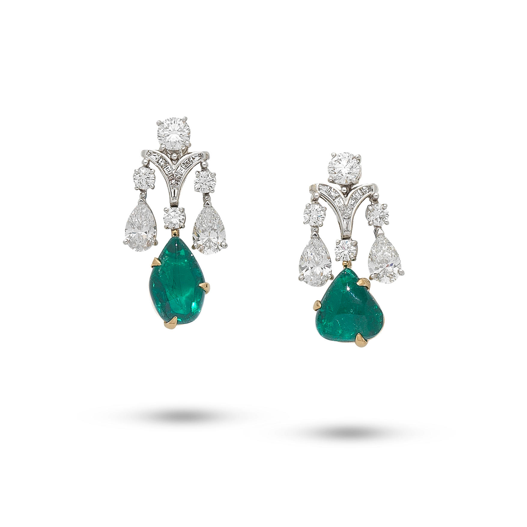 Bonhams : A PAIR OF EMERALD AND DIAMOND PENDENT EARRINGS, BY BULGARI