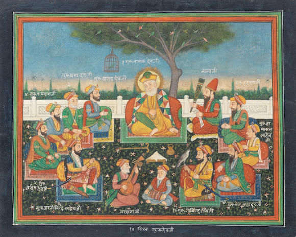 Bonhams The Ten Sikh Gurus Seated On A Terrace Beneath A Spreading Tree With Bala And Mardana