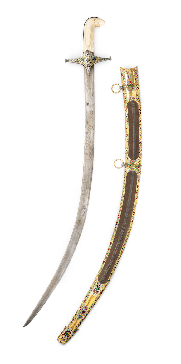 Bonhams : A Lucknow enamelled steel sword (shamshir) with enamelled ...