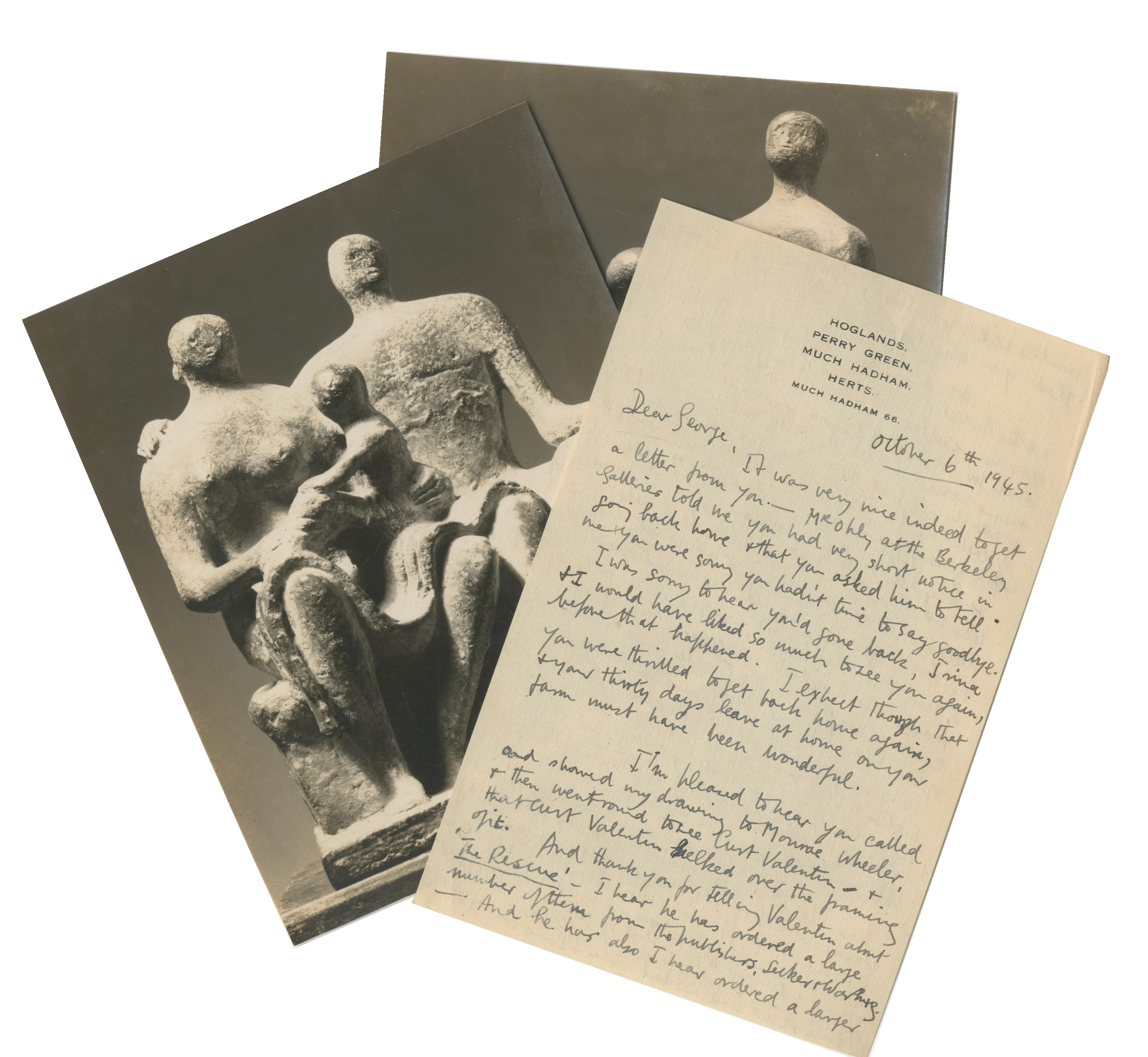 Bonhams : MOORE (HENRY) Autograph letter signed (Henry Moore) to art dealer  and collector George Dix (Dear George), October 1945