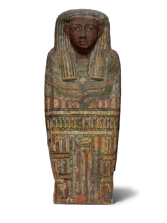 Bonhams : An Egyptian painted wood upper part of an anthropoid coffin ...