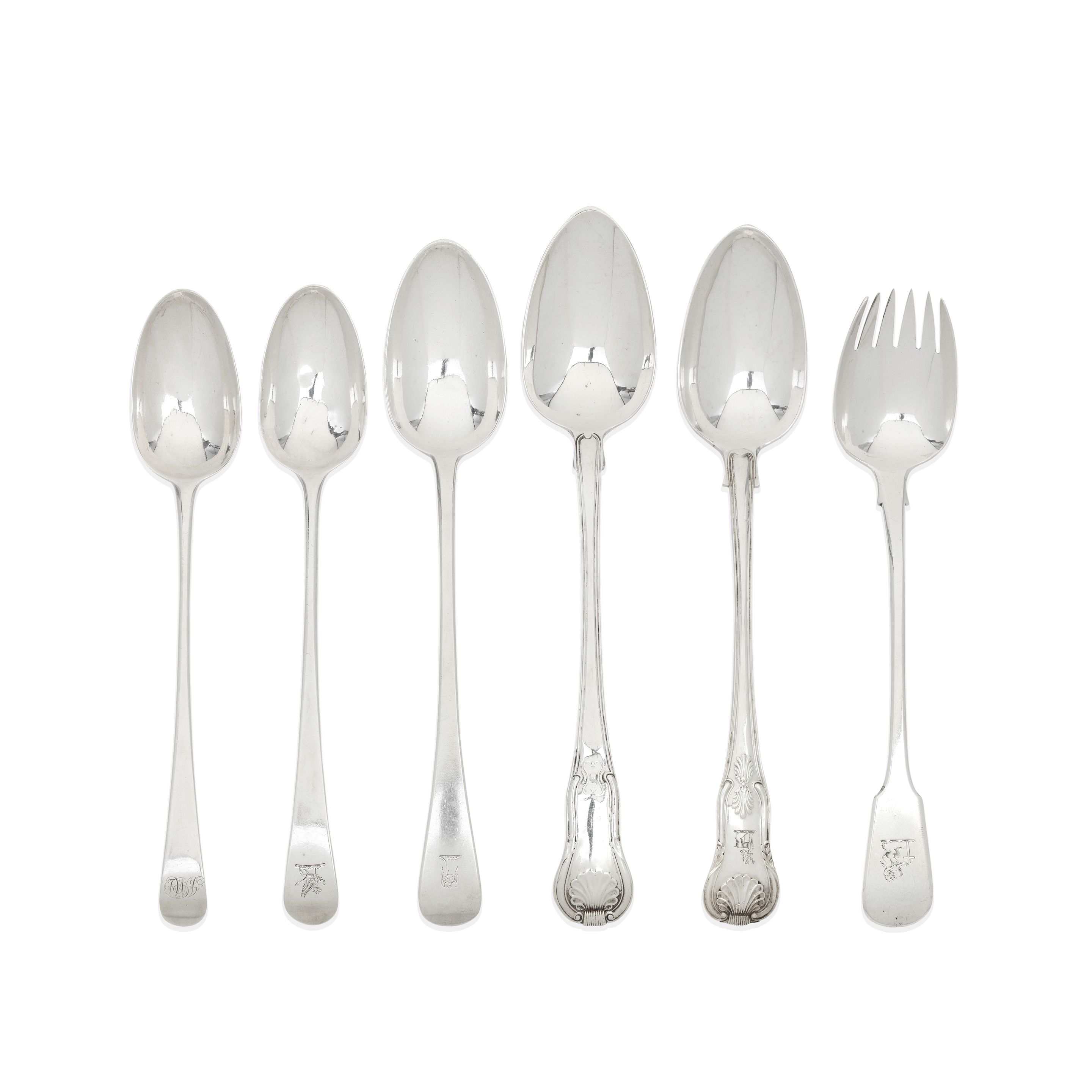 Bonhams Six silver basting / serving spoons various makers, London